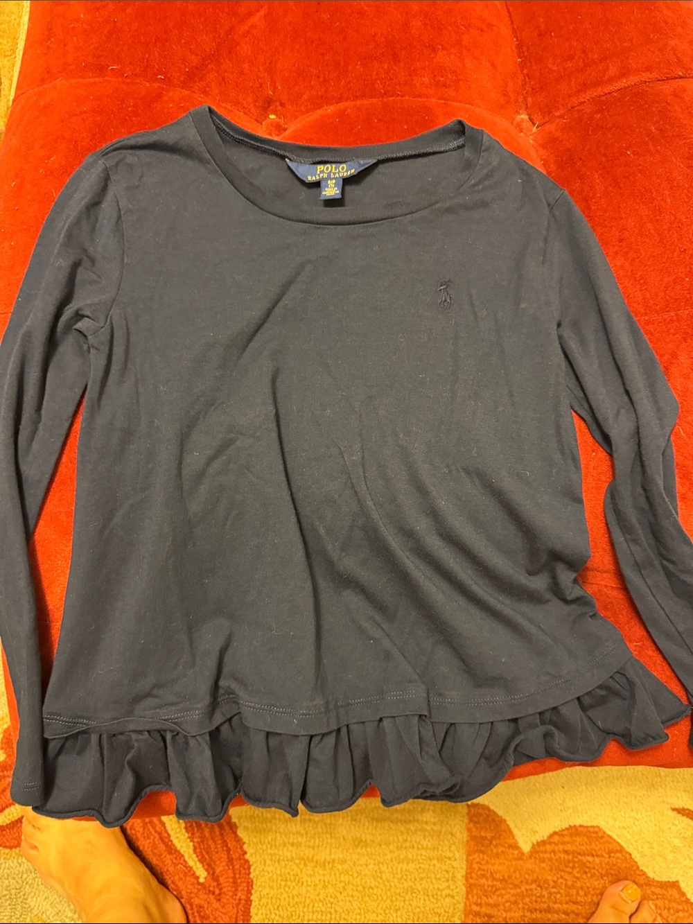 Polo by Ralph Lauren Black Long-Sleeve Ruffle-Hem Tee